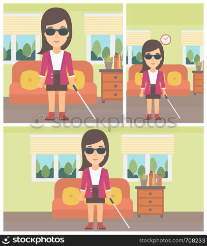 A blind young woman in dark glasses standing with walking stick in the living room. Vector flat design Illustration. Square, horizontal, vertical layouts.. Blind woman with stick.