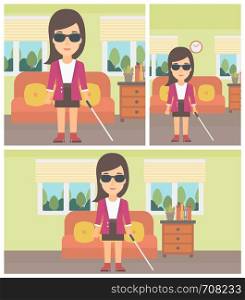 A blind young woman in dark glasses standing with walking stick in the living room. Vector flat design Illustration. Square, horizontal, vertical layouts.. Blind woman with stick.