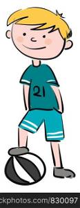 A blonde boy with a green shirt numbered 21 blue shorts and grey shoes with one foot on a black and white ball He has also placed his hands in the pant pockets vector color drawing or illustration