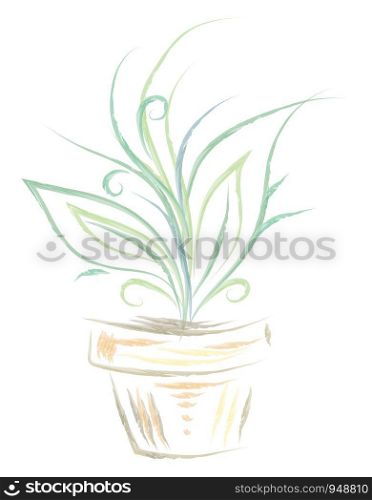 A blue and green silhouette of a plant in a pot, vector, color drawing or illustration.