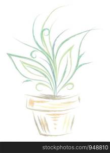 A blue and green silhouette of a plant in a pot, vector, color drawing or illustration.