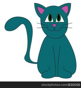 A blue cat with purple ears and nose smiling with its tail lifted up vector color drawing or illustration