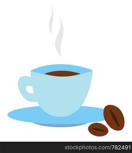 A blue cup of hot coffee with saucer, with two coffee beans, vector, color drawing or illustration.