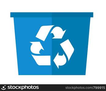 A blue garbage can with recycle symbol. A Contemporary style. Vector flat design illustration isolated white background. Square layout.. Blue garbabe can
