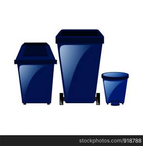 A blue garbage can with recycle symbol. A Contemporary style. Vector flat design illustration isolated white background. Square layout.