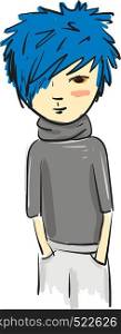 A blue haired boy in a gray shirt and pants with hands in the pocket, cartoon, vector, color drawing or illustration.