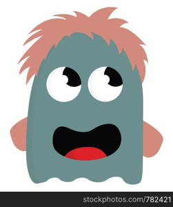 A blue monster with brown hair and open mouth, vector, color drawing or illustration.