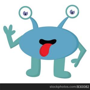 A blue monster with two antennae shaped eyes and teal colored hands and legs having its tongue hanging out vector color drawing or illustration