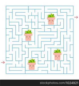A blue square labyrinth. Collect all the flower pots and find a way out of the maze. An interesting game for children. Simple flat vector illustration. A blue square labyrinth. Collect all the flower pots and find a way out of the maze. An interesting game for children. Simple flat vector illustration.