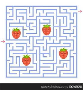 A blue square labyrinth. Collect all the strawberries and find a way out of the maze. An interesting game for children. Simple flat vector illustration. A blue square labyrinth. Collect all the strawberries and find a way out of the maze. An interesting game for children. Simple flat vector illustration.