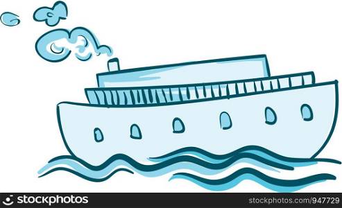 A blue steam ship is sailing in the blue water vector color drawing or illustration