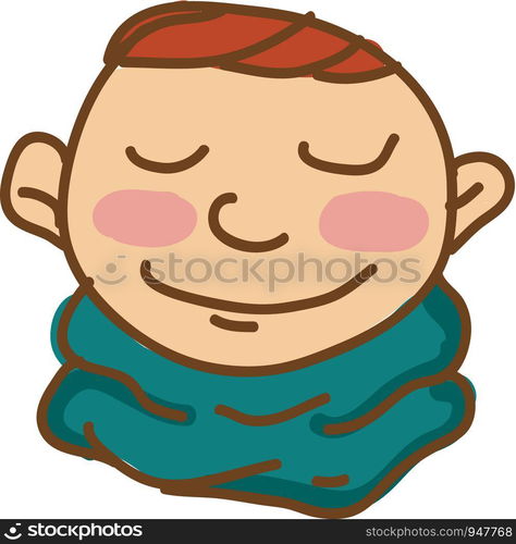 A blushing brown hair boy in blue neck scarf vector color drawing or illustration