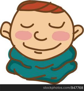 A blushing brown hair boy in blue neck scarf vector color drawing or illustration