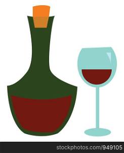 A bottle and a glass of wine in it, vector, color drawing or illustration.