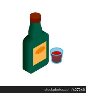 A bottle of alcohol and a glass isometric 3d icon on a white background. A bottle of alcohol and a glass isometric 3d icon