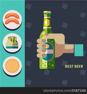 A bottle of beer in his hand. Vector illustration. The icons set. Sausages, packaging bottles of beer, cookies.