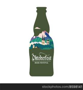 A bottle of beer. Mountain landscape in a bottle. Oktoberfest, a traditional beer festival.. A bottle of beer. Vector colorful illustration. Beer festival, Oktoberfest.