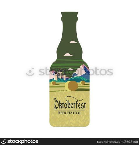 A bottle of beer. Rural landscape in a bottle. Oktoberfest, a traditional beer festival.. A bottle of beer. Vector colorful illustration. Beer festival, Oktoberfest.
