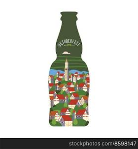 A bottle of beer. Urban landscape in a bottle. Houses with red tiled roofs. Oktoberfest, a traditional beer festival.. A bottle of beer. Vector colorful illustration. Beer festival, Oktoberfest.