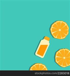 A bottle of citrus essential oil and fresh juicy orange fruits on a blue-green background. High dose synthetic vitamin C for skin. Flat design vector illustration, top view, copy space.. A bottle of citrus essential oil and fresh juicy orange fruits on a blue-green background. High dose synthetic vitamin C for skin. Flat design vector illustration, top view, copy space