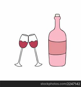 A bottle of wine and two wine glasses. Vector illustration for Valentine’s day.