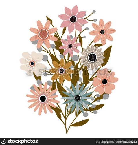 A bouquet of different beautiful wildflowers with leaves from the garden. Various flowering plants with flowers and stems. Wedding decorations, greetings and gifts. Elements are isolated and editable. A bouquet of different beautiful wildflowers with leaves from the garden. Various flowering plants with flowers and stems. Wedding decorations, greetings and gifts. Elements are isolated and editable.
