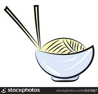 A bowl of Chinese macaroni with two sticks on it to eat , vector, color drawing or illustration.