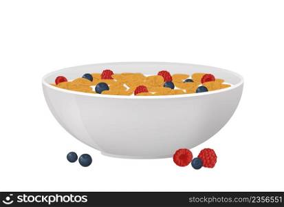 A bowl of corn flakes and berries over white background, vector illustration. Healthy breakfast concept