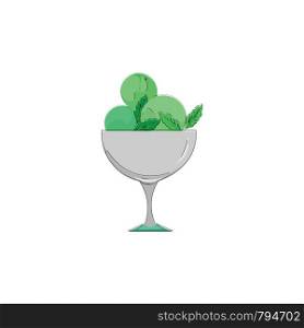 A bowl of green ice cream in mint flavor garnished with mint leaves vector color drawing or illustration
