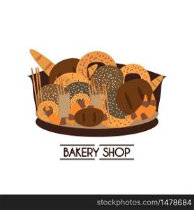 A box with bread and baguette and different cakes. Collection of various pastries. Logo for bakery products.