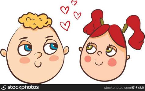 A boy and a girl with rosy cheeks and 4 hearts in between, cartoon, vector, color drawing or illustration.