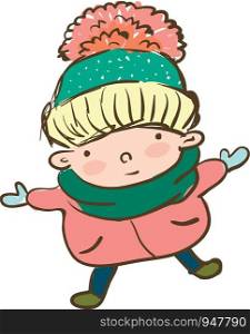 A boy covered in warm winter clothes is enjoying the weather outside vector color drawing or illustration