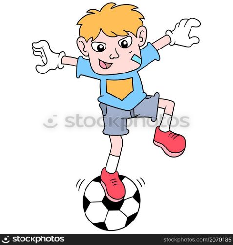 a boy goalkeeper to practice balance standing on a soccer ball