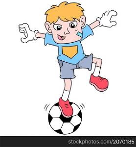 a boy goalkeeper to practice balance standing on a soccer ball