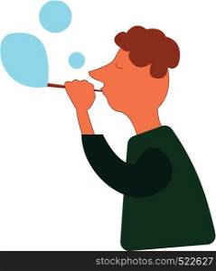 A boy in a green shirt blowing a blue colored bubbles, cartoon, vector, color drawing or illustration.