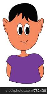 A boy in a purple shirt with hands behind his back, vector, color drawing or illustration.