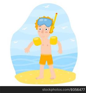 A boy in inflatable armbands learns to swim. A child plays in the water. Mask for underwater diving. Summer holiday or vacation at the sea.. Boy in inflatable armbands learns to swim.