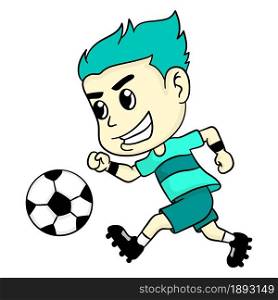 a boy is dribbling a ball. cartoon illustration cute sticker
