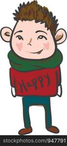 A boy is feeling great wearing his red sweater printed with word happy vector color drawing or illustration