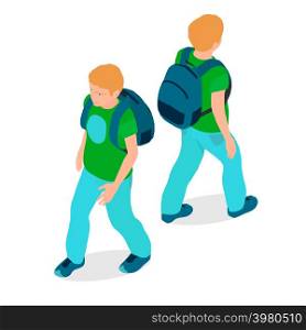 A boy is isometric in different angles. A teenager with a backpack is walking.