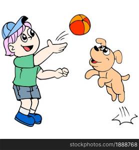 a boy is playing ball with his pet puppy. cartoon illustration sticker mascot emoticon