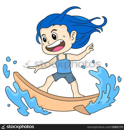 a boy is playing surfing happily. cartoon illustration sticker emoticon