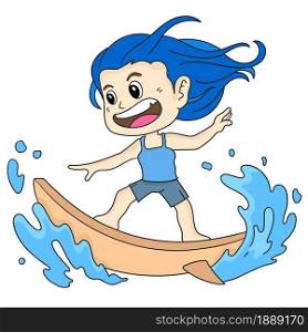 a boy is playing surfing happily. cartoon illustration sticker emoticon