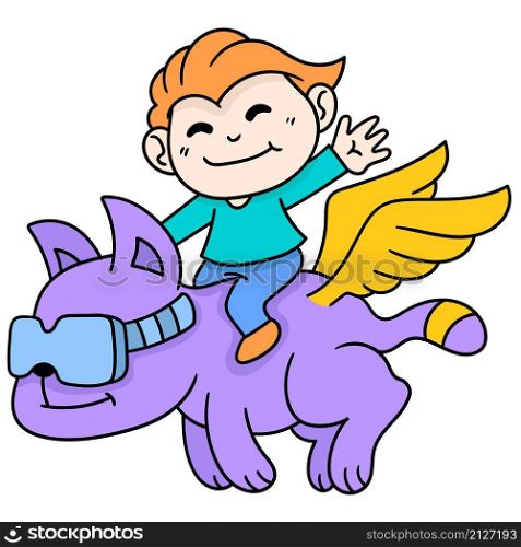 a boy is riding a fantasy animal with wings in the shape of a tiger