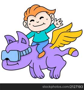 a boy is riding a fantasy animal with wings in the shape of a tiger