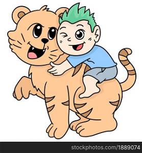 a boy is riding his pet tiger. cartoon illustration sticker emoticon