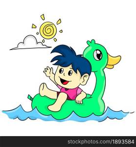 a boy is swimming in sunny weather. cartoon illustration cute sticker
