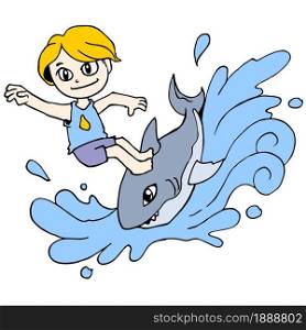 a boy is swimming with a shark in the sea. cartoon illustration sticker mascot emoticon