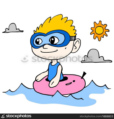 a boy playing on the beach during school holidays. cartoon illustration sticker mascot emoticon