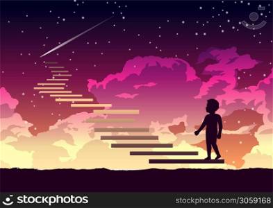 a boy step on the stair way to heaven with interesting,vector illustration
